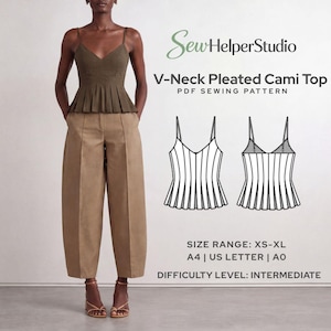 Patrón de costura para top de tirantes plisado con escote en V / Camisola con cremallera lateral / Top sin mangas / Top de verano para mujer / Descarga instantánea en PDF / Tamaños: A4, A0 y carta estadounidense