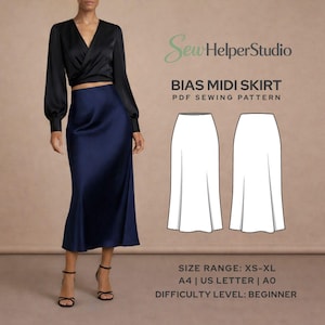 May include: A model in a black wrap top and a navy blue midi skirt. The image includes a sewing pattern for a bias midi skirt, with the text "Sew Helper Studio" and "BIAS MIDI SKIRT PDF SEWING PATTERN". The size range is XS-XL, A4/US Letter/A0, and the difficulty level is beginner.