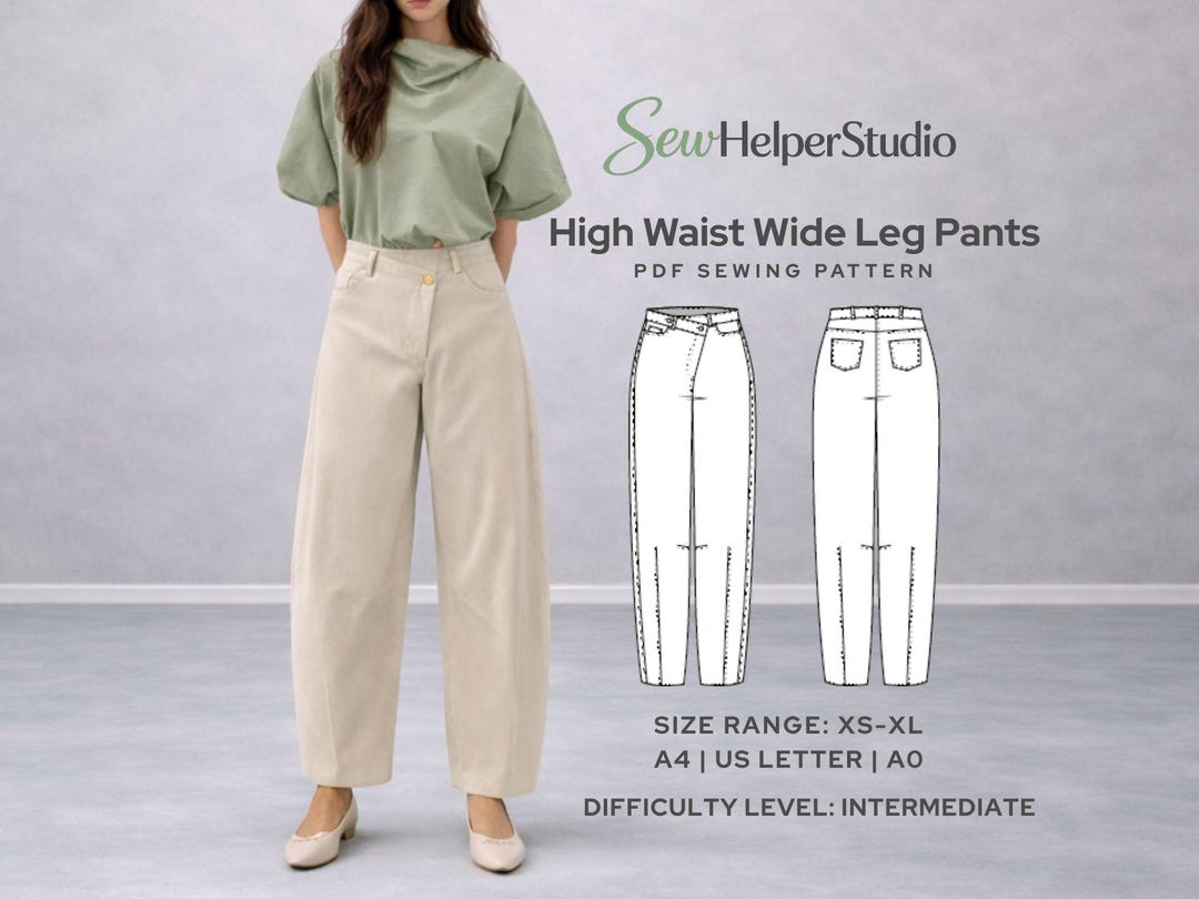 High Waist Wide Leg Pants Sewing Pattern PDF | Barrel Leg Trousers ...
