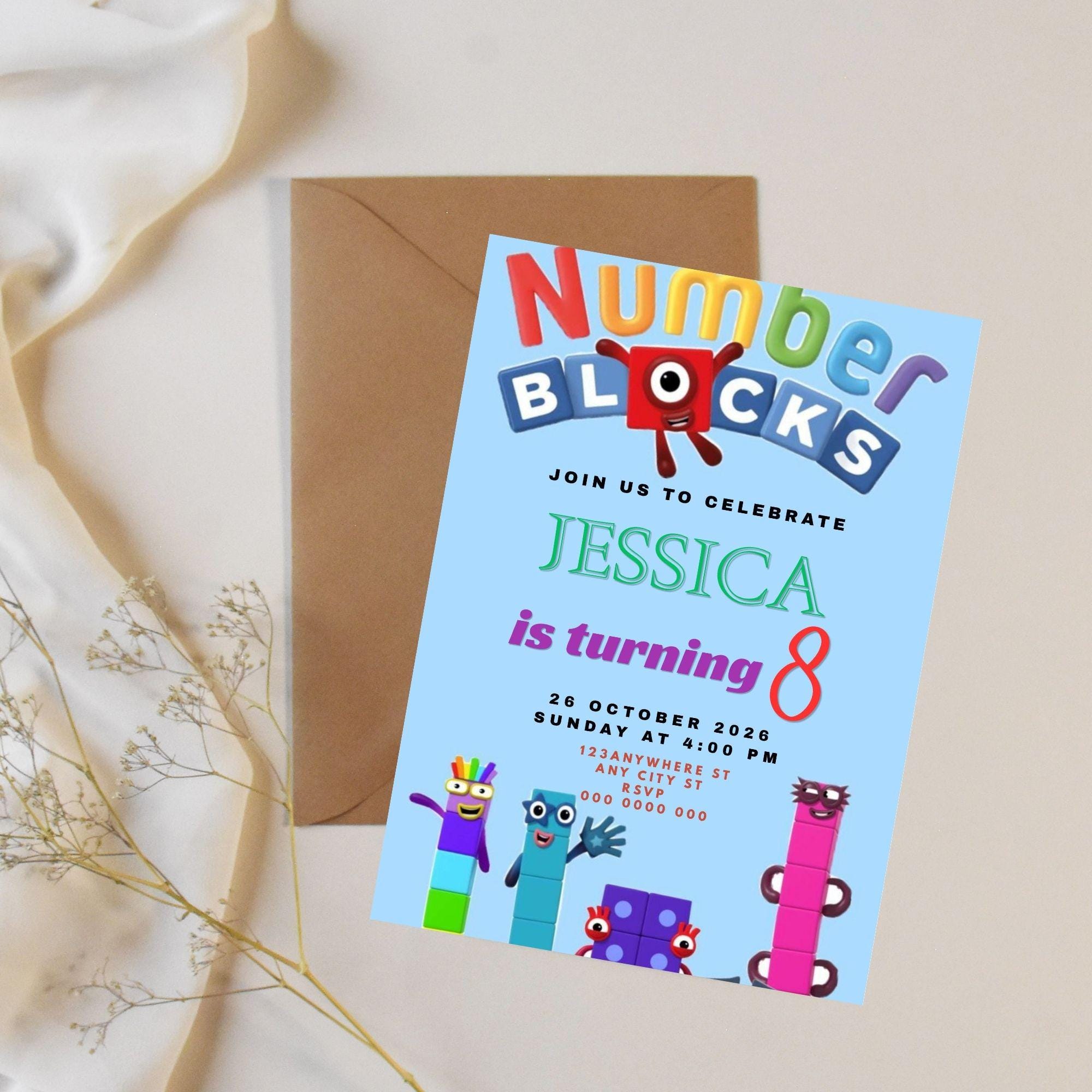 Editable Number Blocks Birthday Party Card Invitation Template (5x7 ...
