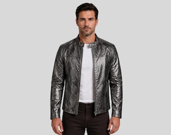 Men’s Metallic Silver Python Print Leather Jacket – Slim Fit Sheepskin Biker Style Designer Outerwear
