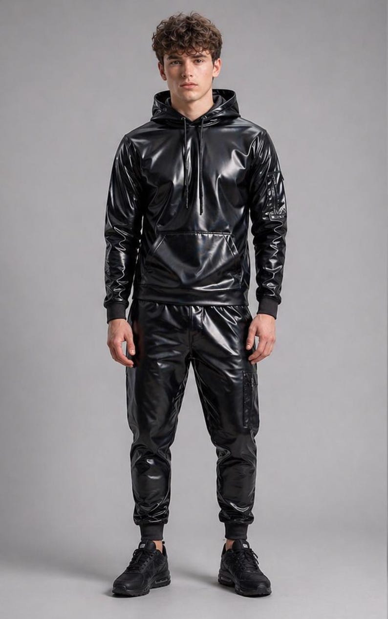May include: A black, shiny, hooded tracksuit. The set includes a hooded sweatshirt with a front pocket and matching pants. The pants have pockets on the side and are cuffed at the ankles. The model is wearing black sneakers.