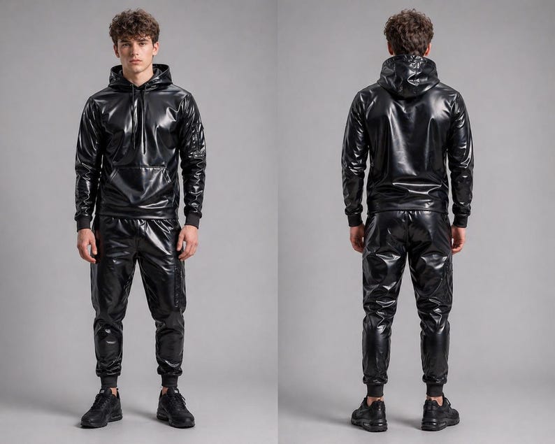 May include: A two-piece black outfit featuring a hooded sweatshirt and matching pants. The shiny material reflects light, creating a glossy appearance. The sweatshirt has a front pocket and the pants have a tapered fit.