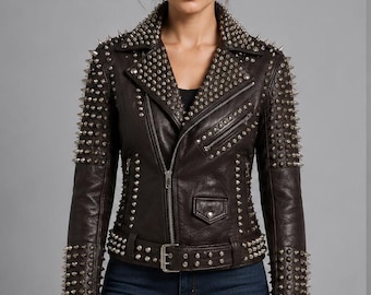 Women’s Brown Studded Leather Biker Jacket – Distressed Boho Punk Moto Coat, Handmade Western Style Outerwear