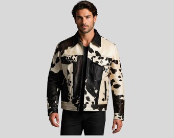 Men’s Black & White Cowhide Hair-On Leather Jacket – Handmade Pony Hair Coat, Luxury Western Vintage Outerwear