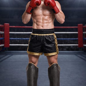 May include: A muscular boxer in a boxing ring, wearing red gloves, black shorts with gold trim, and black shin guards. The boxer is standing in a fighting stance, ready to compete. The background includes the boxing ring and spotlights.