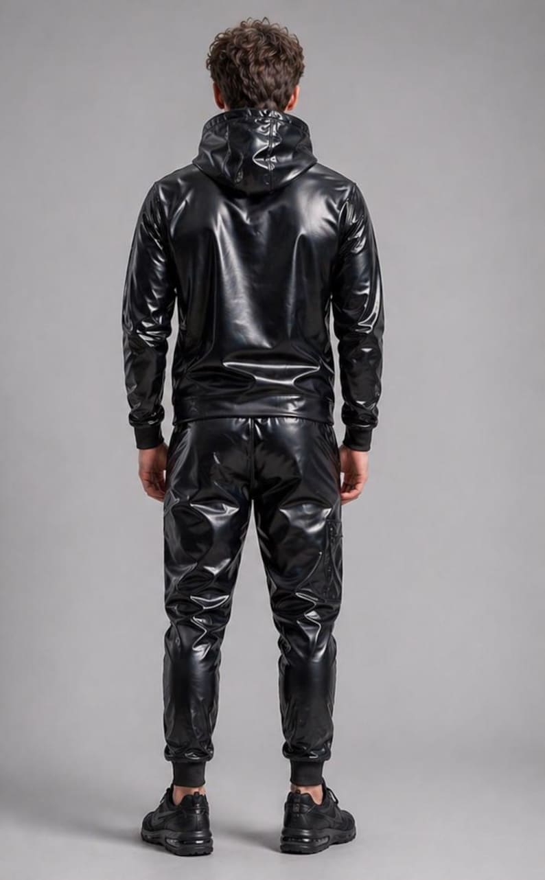May include: A black, shiny tracksuit set. The set includes a hooded jacket and matching pants. The jacket has a zipper closure and the pants have pockets. The outfit is made of a glossy material and is worn with black sneakers.