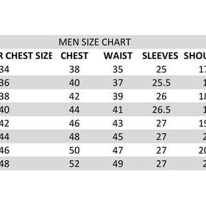 May include: Men's size chart with measurements for chest, waist, sleeves, and shoulder/back length. Sizes range from XS to 4XL, with chest sizes from 38 to 52 inches. The chart provides a guide for selecting the correct fit.