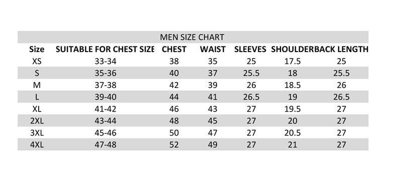 May include: Men's size chart with measurements for chest, waist, sleeves, and shoulder/back length. Sizes range from XS to 4XL, with chest sizes from 38 to 52 inches. The chart provides a guide for selecting the correct fit.