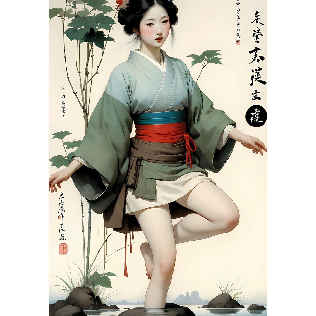 Japanese Geisha Wall Art Print, Traditional Kimono Woman Illustration ...