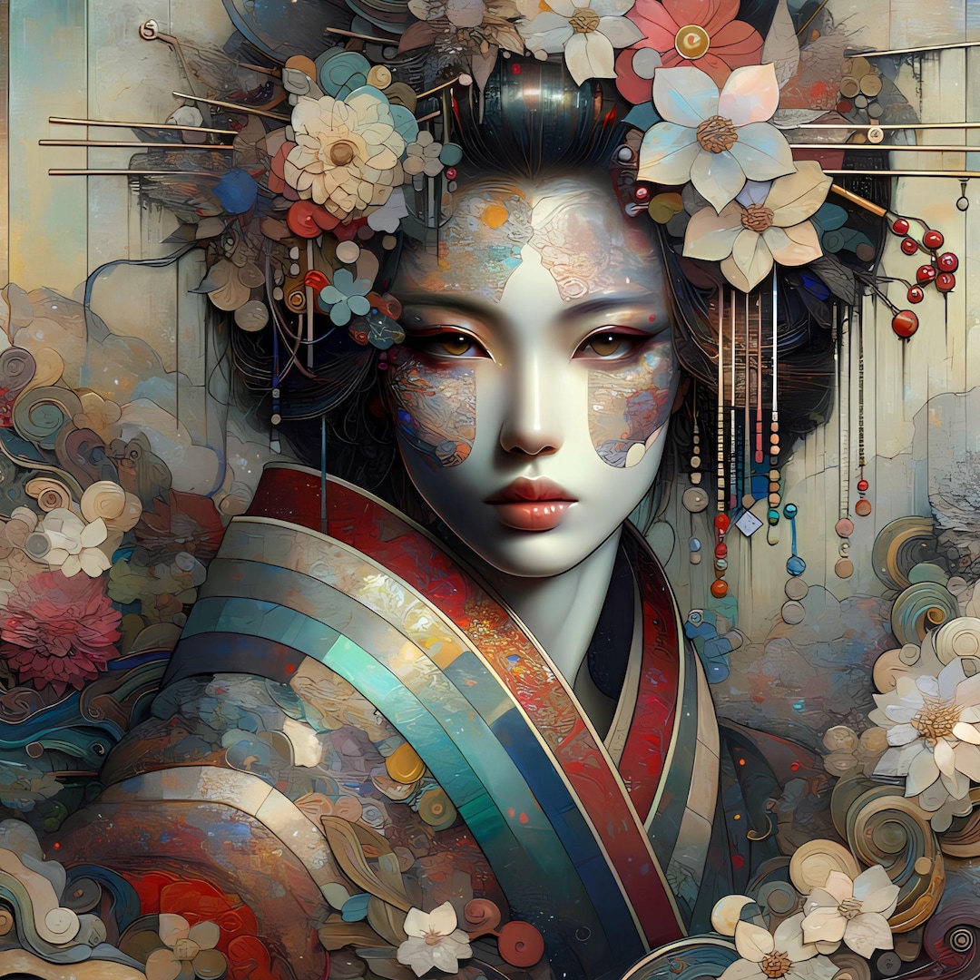 Japanese Geisha Art Print, Kimono Woman Portrait, Asian Floral Wall Art ...