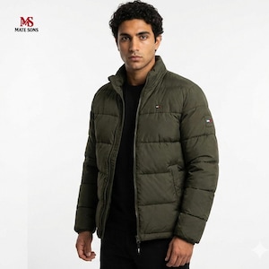 Custom Logo-Patch Puffer Jacket | Olive Green Unisex