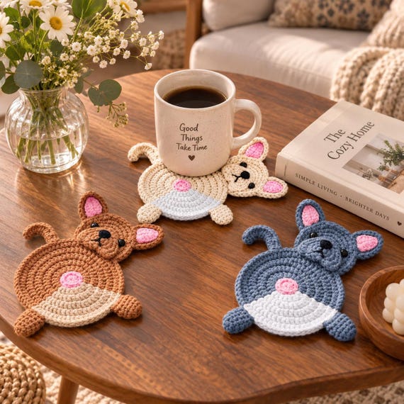 Crochet coasters shaped like French Bulldog butts — genuinely handmade, genuinely hilarious, and actually useful on a coffee table.