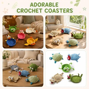 May include: A collection of handmade crochet coasters shaped like various animals including frogs, turtles, ducks, and crocodiles. The coasters feature vibrant colors like green, blue, yellow, and beige, with detailed stitched faces and limbs.