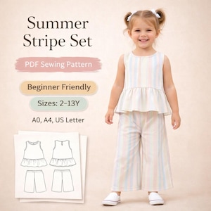 May include: A child models a pastel striped top and wide-leg trousers. The image promotes a "Summer Stripe Set" PDF sewing pattern, suitable for beginners, with sizes for children aged 2-13 years old.