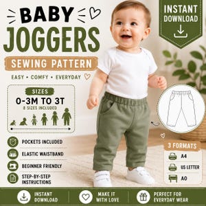 Può includere: Un cartamodello per pantaloni da jogging per neonati con il testo BABY JOGGERS SEWING PATTERN, SIZES 0-3M TO 3T, 8 SIZES INCLUDED, POCKETS INCLUDED, ELASTIC WAISTBAND, BEGINNER FRIENDLY, STEP-BY-STEP INSTRUCTIONS, INSTANT DOWNLOAD e 3 FORMATS.