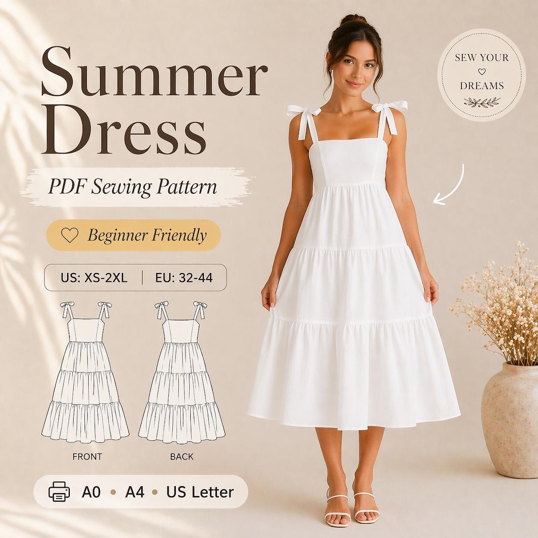 Easy Summer Dress Sewing Pattern | Tiered Midi Dress PDF | Gingham ...