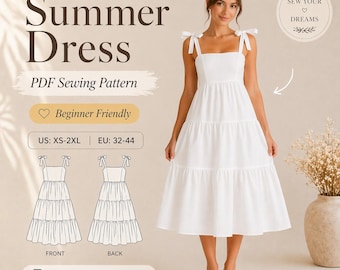 Easy Summer Dress Sewing Pattern | Tiered Midi Dress PDF | Gingham  Dress Pattern |Cottagecore Style Outfit | Beginner Friendly Sewing
