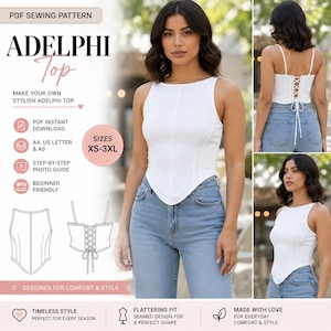 Op de afbeelding: Een wit mouwloos topje met een hoge halslijn, verticale naden en een puntige zoom. De achterkant heeft een korsetachtige vetersluiting met dunne bandjes. Het product is een PDF-naaipatroon voor de maten XS-3XL, inclusief A4- en A0-formaten.