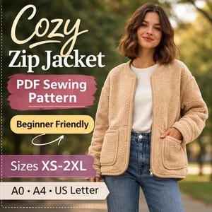 May include: A beige zip jacket with a cozy, textured appearance. The jacket has two front pockets and a zipper closure. The image includes text that reads "Cozy Zip Jacket PDF Sewing Pattern Beginner Friendly Sizes XS-2XL A0 • A4 • US Letter."