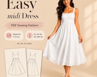 Easy midi dress pattern | Circular skirt pattern for women | Easy wedding midi dress sewing pattern | 6 sizes | PDF sewing pattern