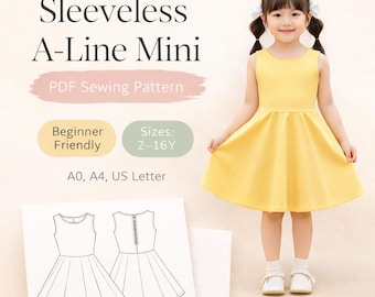 Sleeveless A-Line Mini Dress Sewing Pattern PDF, Kids Dress Pattern Sizes 2–16Y, Beginner Friendly, Instant Download A0 A4 US Letter