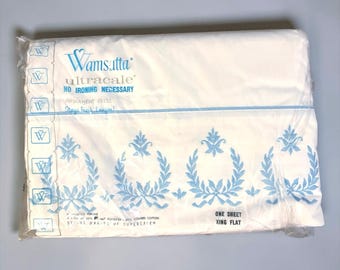 Vintage ZELDZAME Wamsutta ultracale laken koning wit blauw borduurcoquette