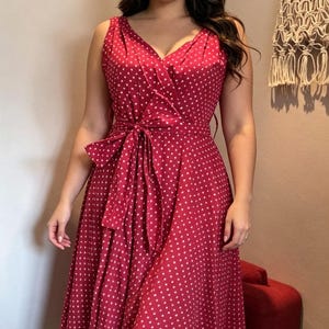 Kushi Retro Rockabilly V-Neck Fit and Flare Red & White Polka Dot Midi Dress
