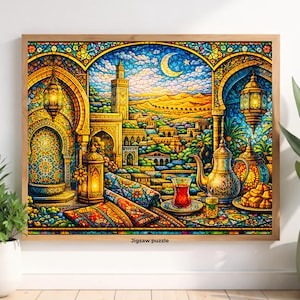 May include: A framed jigsaw puzzle depicting a Middle Eastern cityscape with a mosque, minaret, and desert landscape under a crescent moon. The puzzle features vibrant colors and intricate details, with a tea set and pastries in the foreground. The text "Jigsaw puzzle" is visible.