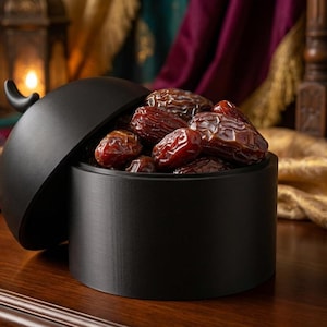 May include: A black, round container with a lid, filled with dates. The container sits on a wooden surface. The background includes candles, lanterns, and draped fabric, creating a warm, inviting atmosphere. The dates are a rich brown color.