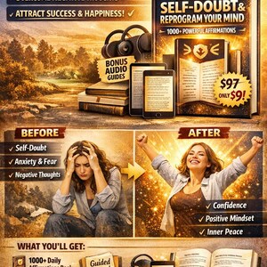 May include: An advertisement for self-help resources, featuring a book titled "Stop Self-Doubt & Reprogram Your Mind" with the text "1000+ Powerful Affirmations." The image includes a before-and-after comparison and the text "Start Your Transformation Today!"