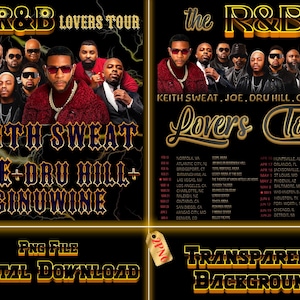 Może przedstawiać: Plakat z trasy R&B Lovers do pobrania cyfrowego z Keith Sweat, Joe, Dru Hill i Ginuwine. Plakat ma czarne tło ze złotym tekstem i zdjęciami artystów. Zawiera daty i miejsca trasy.