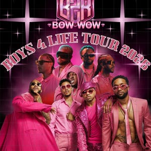Pode incluir: Cartaz promocional para a B2K Boys 4 Life Tour 2026, apresentando um grupo de homens em várias tonalidades de rosa e óculos de sol. O cartaz tem um fundo geométrico rosa e preto com o logotipo B2K e o nome de Bow Wow.
