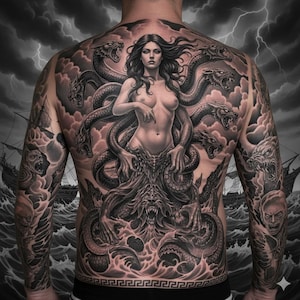 May include: A detailed black and gray tattoo covers a person's back and arms. The central design features a woman with long hair, surrounded by hydra-like creatures. The artwork includes stormy seas, ships, and other mythical figures.