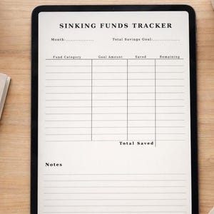 Könnte beinhalten: Ein digitales Tablet, das eine Vorlage für einen "Sinking Funds Tracker" anzeigt. Die Vorlage enthält Felder für Monat, Sparziele, Fondskategorien, Zielbeträge, gespeicherte Beträge und Restbeträge. Das Tablet hat einen schwarzen Rahmen und liegt auf einer Holzoberfläche.