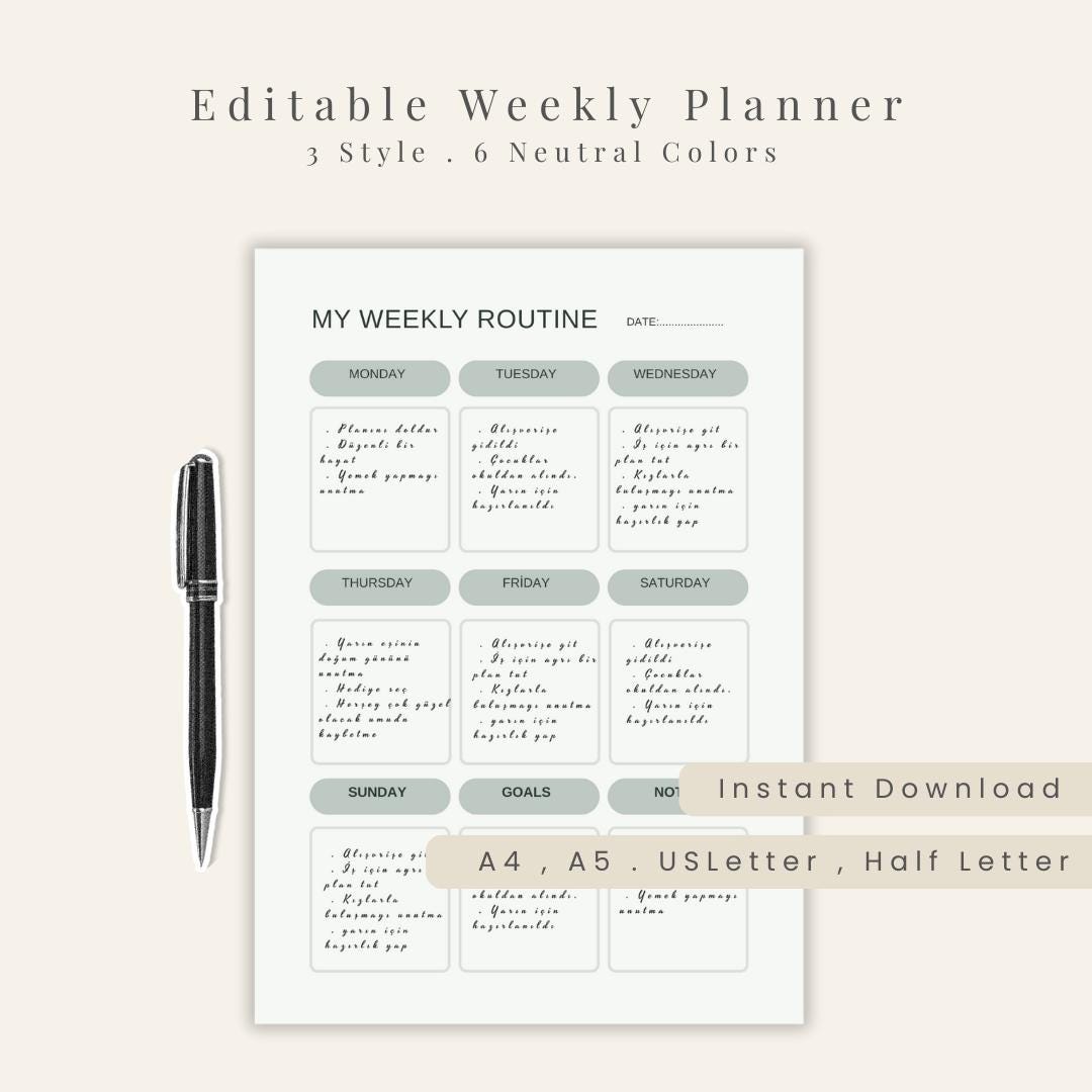 Minimal Weekly Planner Printable, A4 A5 US Letter Sizes (PDF Download ...