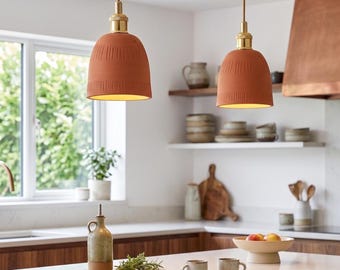 Carved Terracotta Pendant Light, Hand-Etched Clay Hanging Lamp, Textured Rustic Ceiling Light, Primitive Modern Lighting, Tribal Boho Decor