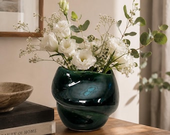 Artisan Emerald & Teal Swirl Ceramic Vase - Abstract Bulbous Sculptural Planter - Hand-Thrown Organic Pottery - Modern Green Stoneware Vase