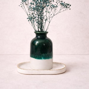 Peut inclure: Un vase décoratif bicolore, avec une partie supérieure vert foncé brillant qui se fond dans le blanc. Il contient des fleurs bleues séchées et repose sur un plateau ovale blanc. L'ensemble est minimaliste et élégant, idéal pour la décoration intérieure.