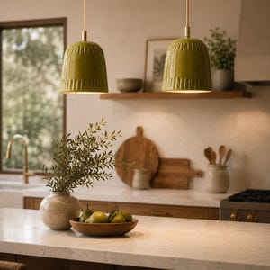 Moroccan Ceramic Pendant Light, Olive Green Hanging Lamp, Textured Pottery Chandelier, Handcrafted Ribbed Clay Light