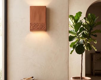 Minimalist Sconce Lighting - Rustic Boho Wall Decor - Artisan Ceramic Sconce - Earthenware Mood Lighting - Hand-Carved Clay Sconce