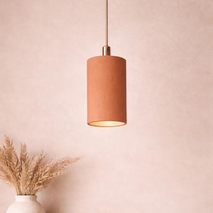 Könnte beinhalten: Eine zylindrische Pendelleuchte in Terrakotta-Farbe hängt an einem dünnen, kupferfarbenen Kabel. Das Licht ist vor einem weichen, rosa Hintergrund platziert, mit einer Vase mit getrockneten Blumen in der linken unteren Ecke.