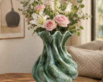 Large Moss Green Wavy Ceramic Vase - Handcrafted Ruffled Sculptural Flower Pot - Extra Large Pottery Centerpiece - Organic Swirl Art Decor