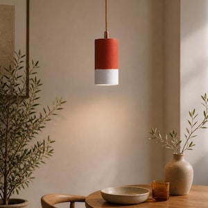 Peut inclure: Suspension luminaire cylindrique bicolore, rouge et blanc. Il est suspendu au-dessus d'une table en bois. La pièce présente une palette de couleurs neutres avec des éléments naturels, comme un vase et une plante.