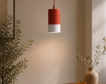Minimalist Cylinder Terracotta Pendant Light - Two-Tone White & Clay Ceramic Hanging Lamp - Handmade Moroccan Scandi Decor