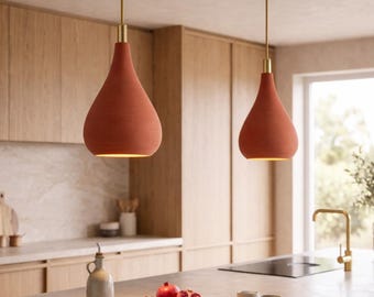 Lámpara colgante de terracota en forma de lágrima, lámpara colgante moderna de arcilla, iluminación de techo de forma orgánica, lámpara colgante bohemia y natural para isla de cocina.