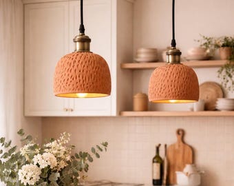 Handmade Terracotta Pendant Light – Textured Ceramic Pendant Lamp, Rustic Kitchen Island Lighting, Boho Ceiling Light, Artisan Clay Lamp