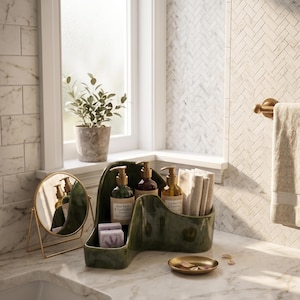 May include: A dark green ceramic bathroom organiser with a wavy, multi-compartment design holding three pump bottles, two small rectangular soaps, and several folded beige cloths, accompanied by a small round gold mirror and a gold tray.