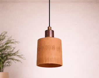 Hand-Carved Terracotta Pendant Light - Textured Clay Cylinder Lamp with Brass or Copper Hardware - Patterned Earthy Lighting for Island