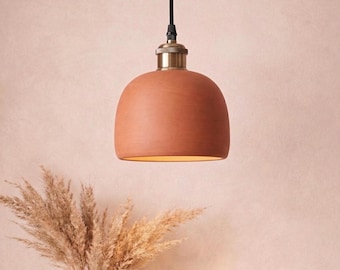 Terracotta Dome Pendant Light - Handmade Clay Bell Lamp with Brass or Nickel Hardware - Minimalist Earthy Lighting for Kitchen or Entryway